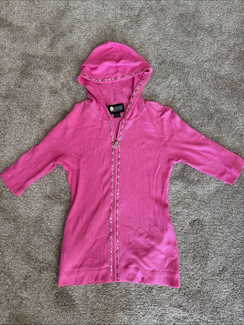 Christine Alexander Hot Pink Hooded Zip-Front Studded Tunic Jacket NWOT